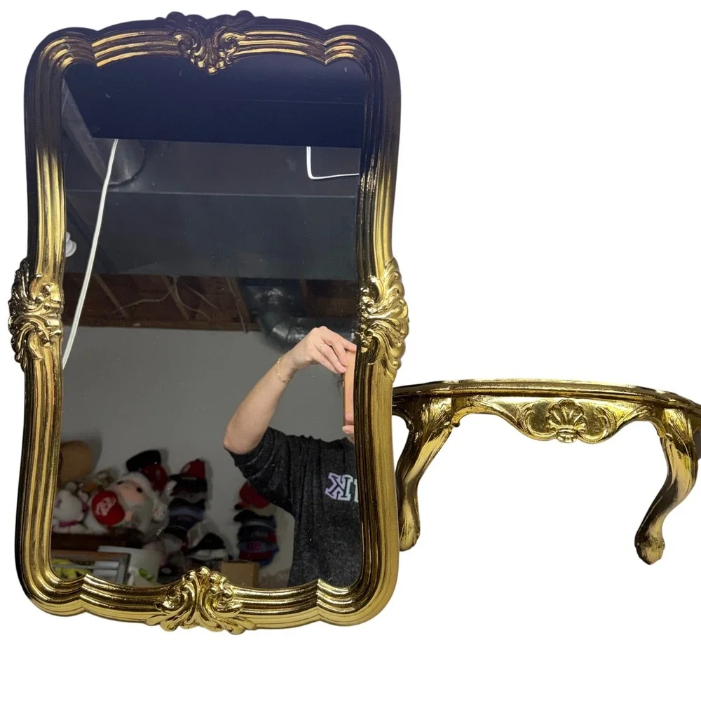 Vintage Gold Ornate Wall Mirror and Matching Console Shelf Set Hollywood Regency